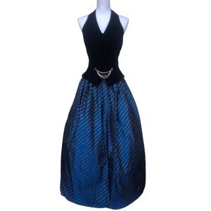 Vintage Scott McClintock Velvet Halter Crinoline Formal Gown Blue Black 90s Y2K